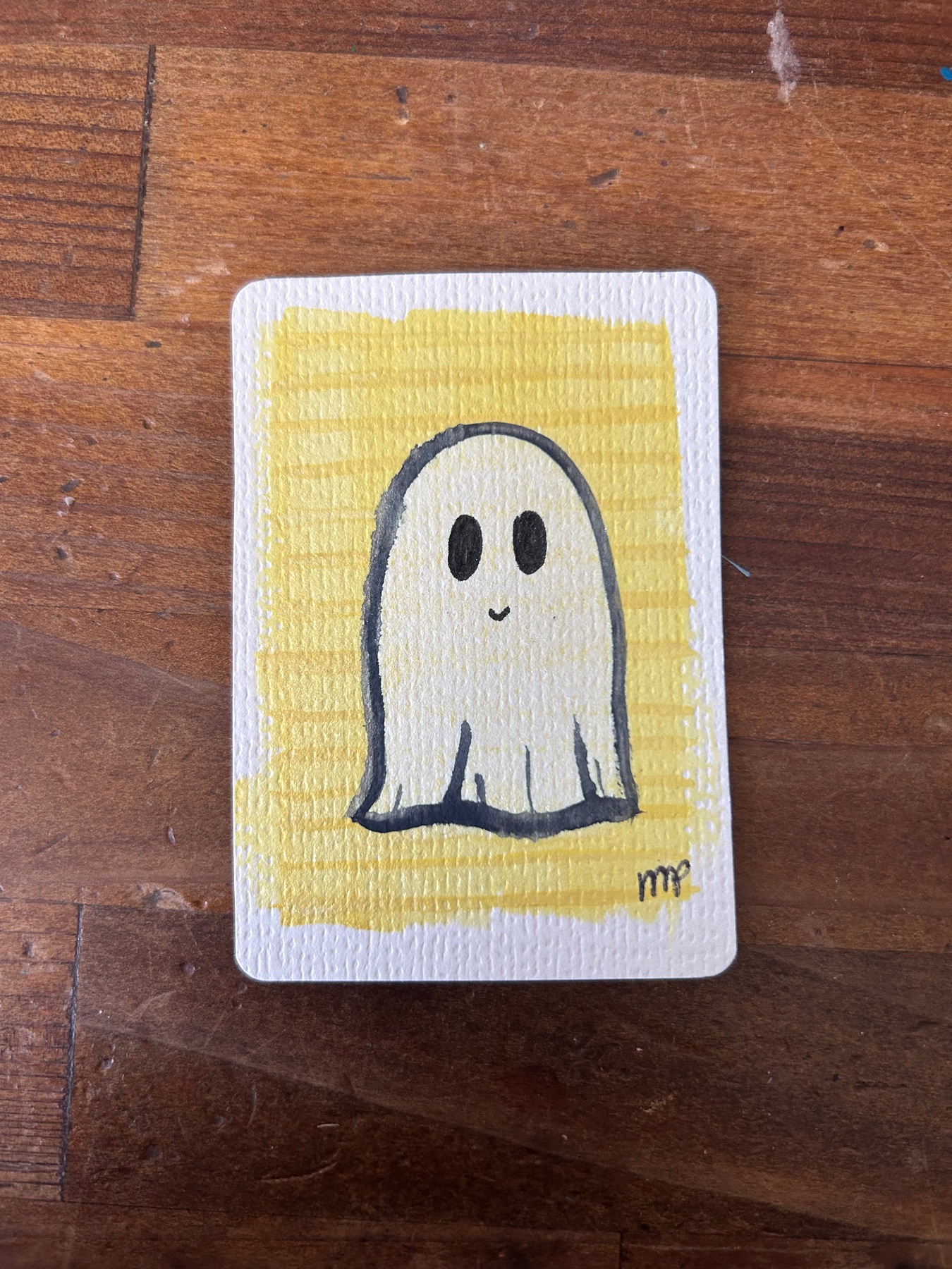 Happy yellow ghost aceo art card
