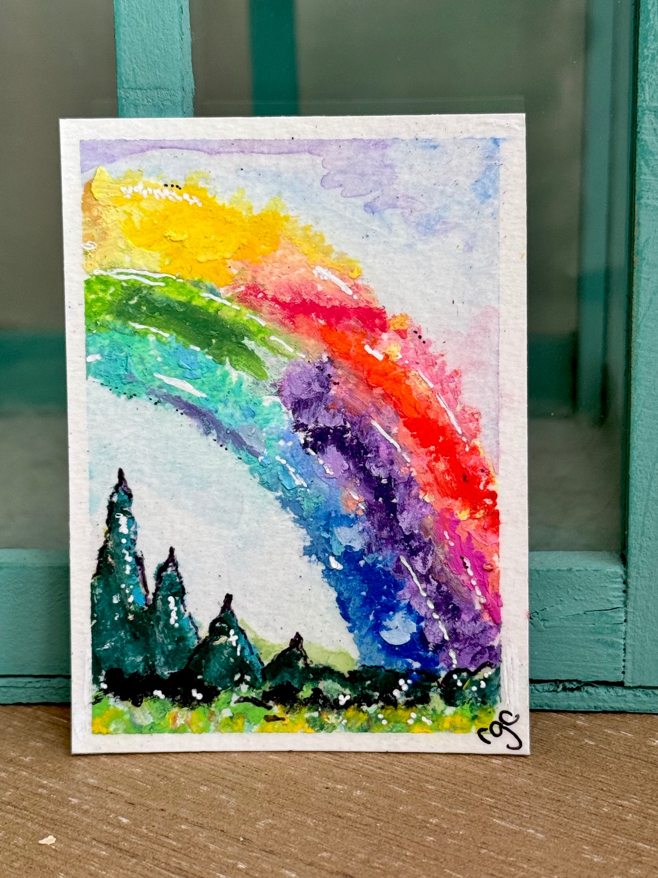 Rainbow Sky, Rainbow Painting aceo art card