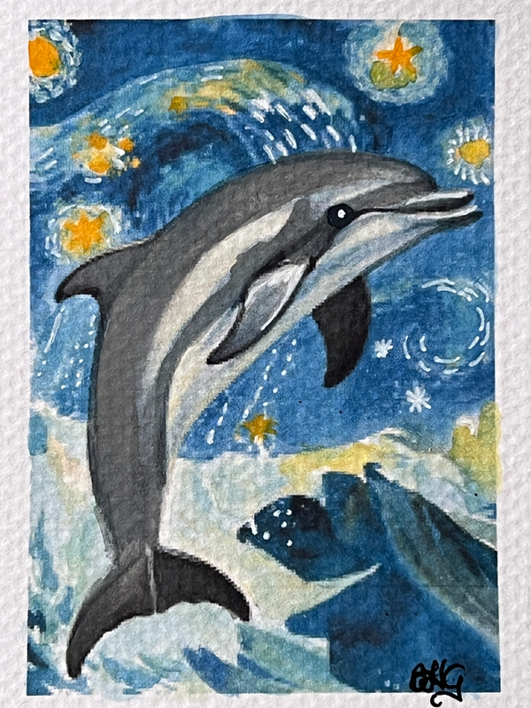 Starry Night Dolphin aceo art card