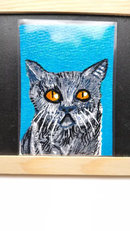 Aceo original acrylic marker gray cat #5/5 by critter creatives- glitter background aceo art card