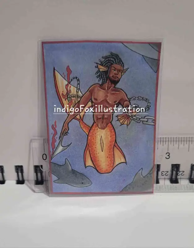 ♡ Hunter becomes the Hunted ♡ N. 07 - indigoFoxillustration - merman merfolk fantasy ocean shark aceo art card