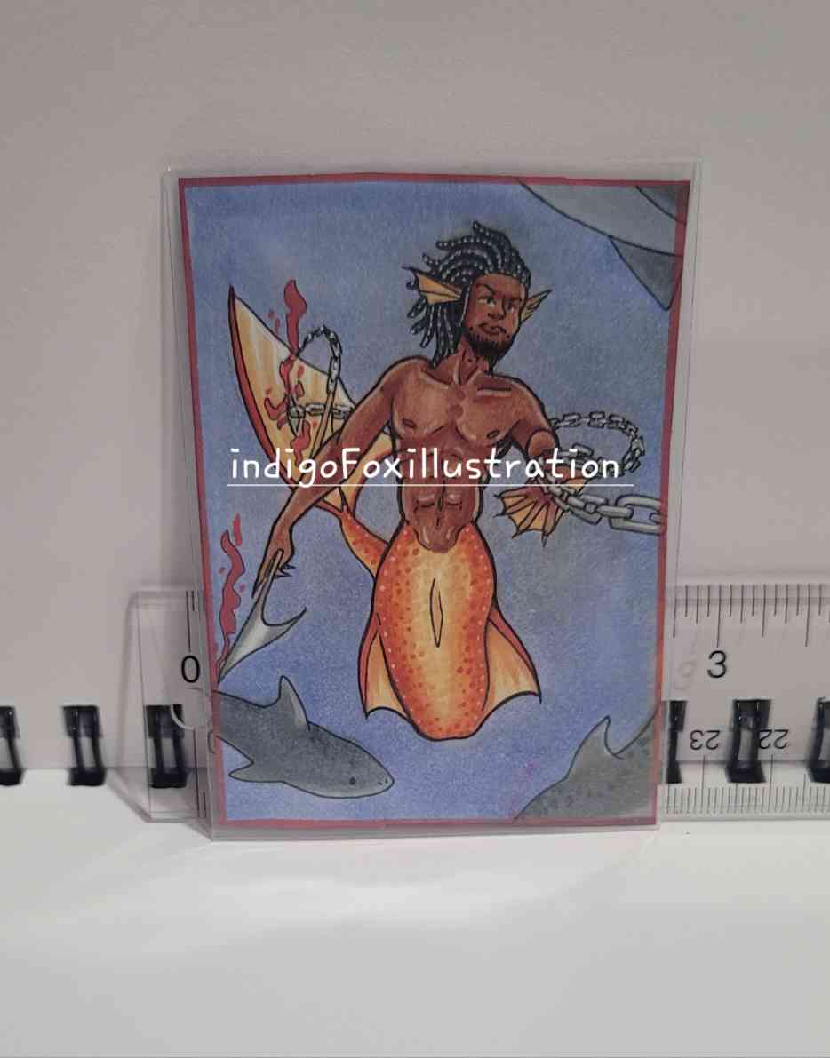 ♡ Hunter becomes the Hunted ♡ N. 07 - indigoFoxillustration - merman merfolk fantasy ocean shark aceo art card