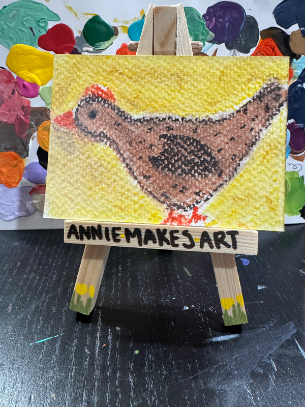 Brown Chicken on Yellow aceo art card