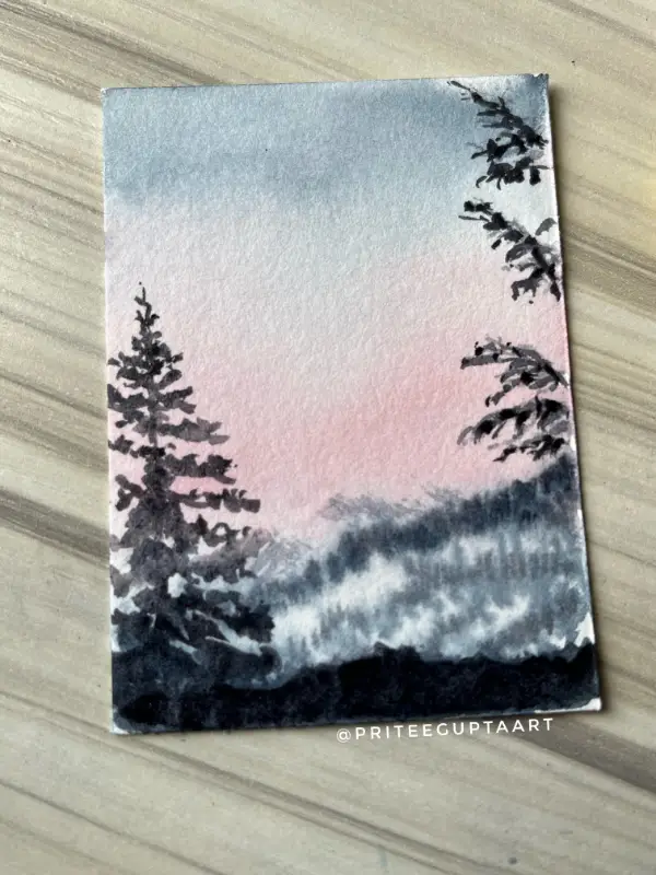 Misty Pines at Dawn – Original Watercolor ACEO Forest Landscape aceo art card