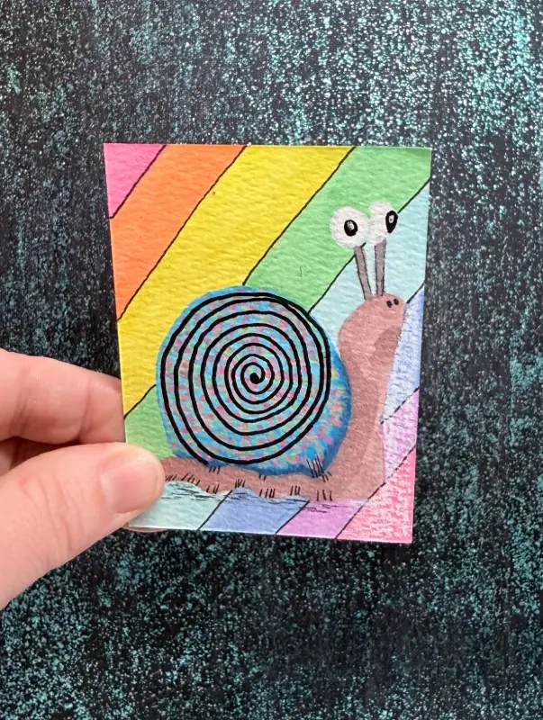 Original ACEO Art Cute Whimsical Snail and Rainbow Art Acrylic/Ink Mini 2.5x3.5 aceo art card