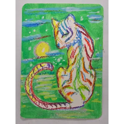 Rainbow Tiger Greets the Sun aceo art card thumbnail 1