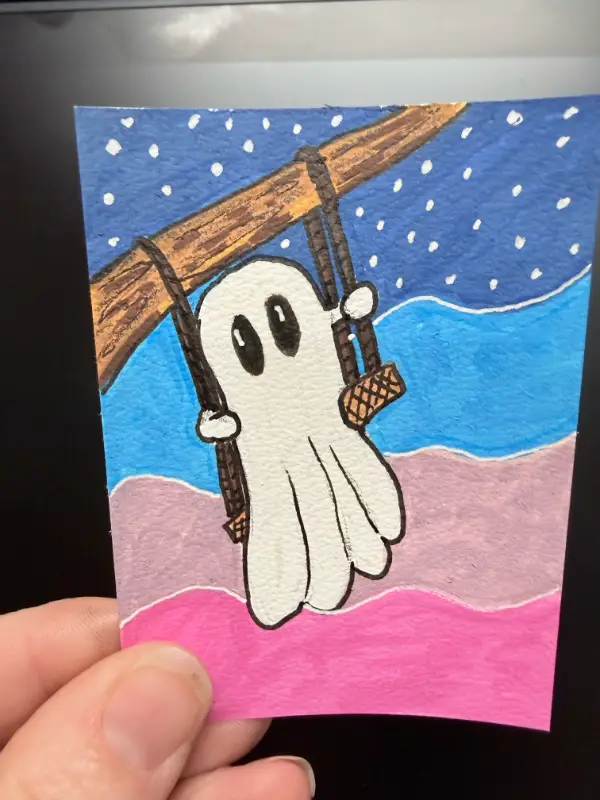 Ghost on the Swing Whimsical Ghost Art aceo art card