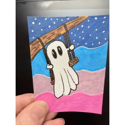 Ghost on the Swing Whimsical Ghost Art aceo art card thumbnail 1