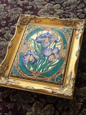Art Nouveau Purple/Blue Iris Flowers w Gold Twisted Ornate Frame  2.5x3.5 in. PRINT SIGNED aceo art card thumbnail 4