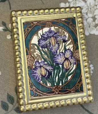 Art Nouveau Purple/Blue Iris Flowers w Gold Twisted Ornate Frame  2.5x3.5 in. PRINT SIGNED aceo art card thumbnail 1
