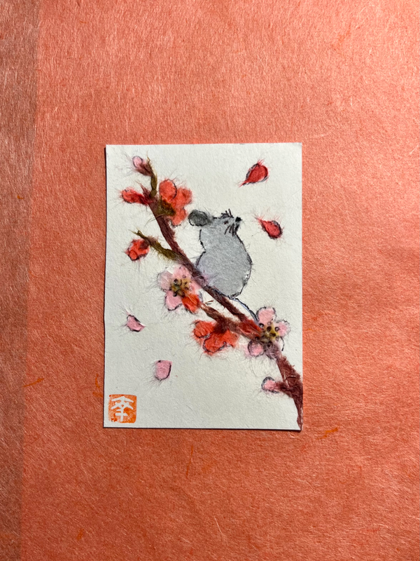 Mouse’s spring joy - Japanese Washi art aceo art card