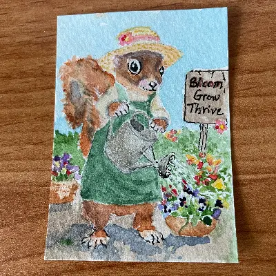Squirrel Gardener aceo art card thumbnail 2