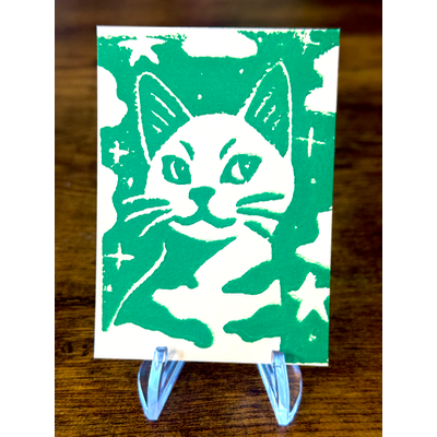 Galaxy Cat, Kelly Green #2 - Hand-Carved Block Print aceo art card thumbnail 2