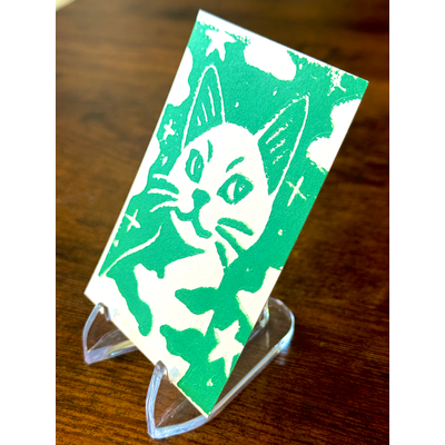 Galaxy Cat, Kelly Green #2 - Hand-Carved Block Print aceo art card thumbnail 3