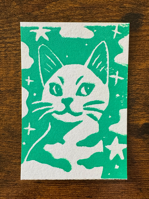 Galaxy Cat, Kelly Green #2 - Hand-Carved Block Print aceo art card