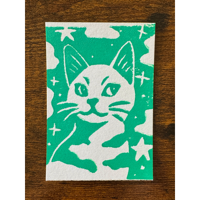 Galaxy Cat, Kelly Green #2 - Hand-Carved Block Print aceo art card thumbnail 1