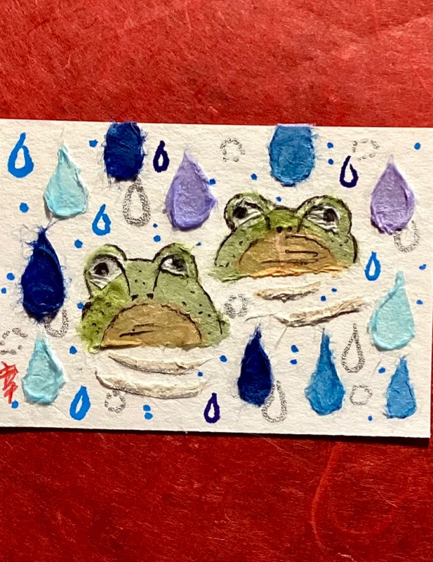 Japanese washi art- Flogs in rainy pond aceo art card
