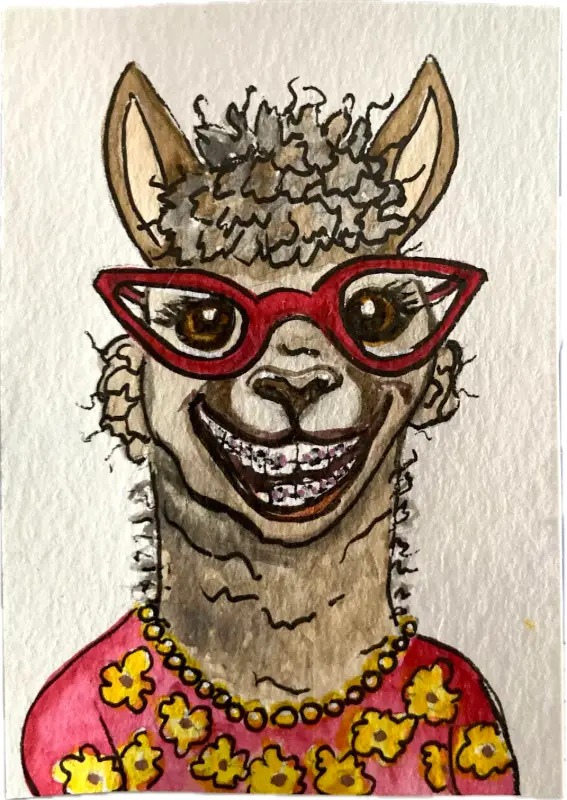 Llama with Braces and Glasses In Red Yellow Floral Sweater Orthodontist Lillian Connelly aceo art card