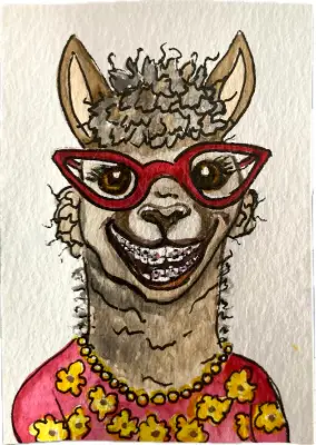 Llama with Braces and Glasses In Red Yellow Floral Sweater Orthodontist Lillian Connelly aceo art card thumbnail 1