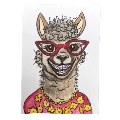 Llama with Braces and Glasses In Red Yellow Floral Sweater Orthodontist Lillian Connelly aceo art card thumbnail 2