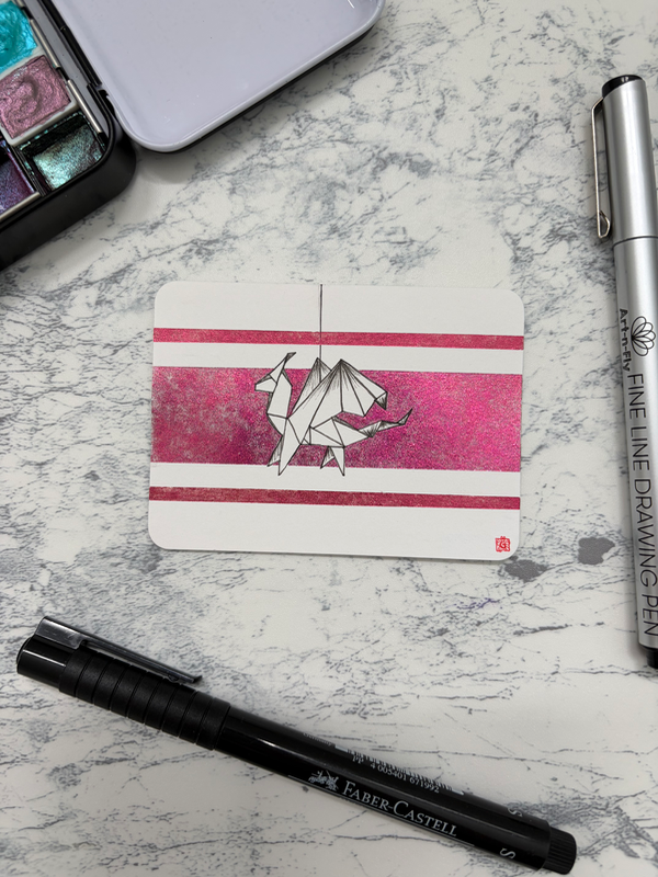 Dragon paper origami animal | ink on watercolor illustration Japanese style aceo art card