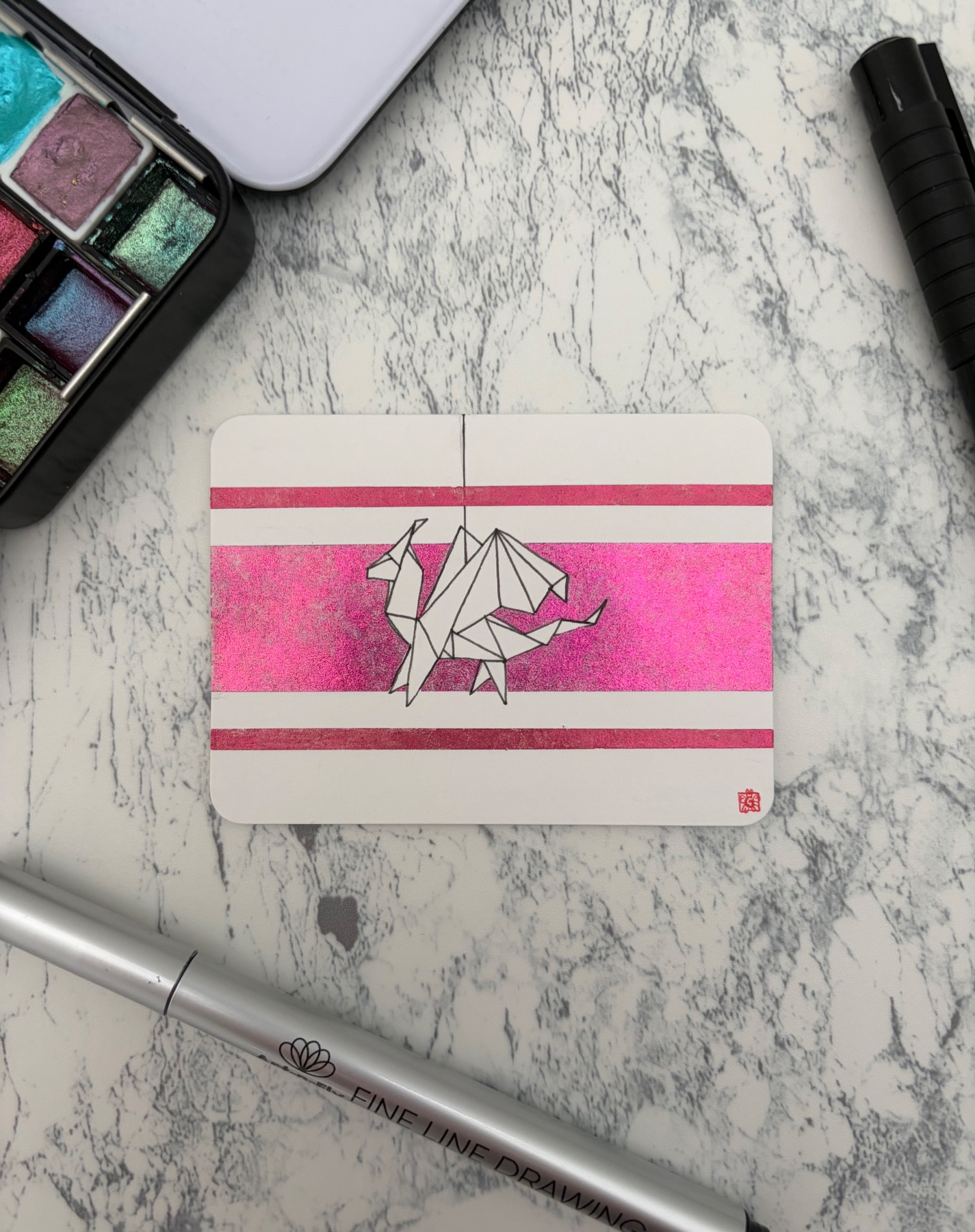 Dragon paper origami animal | ink on watercolor illustration Japanese style aceo art card