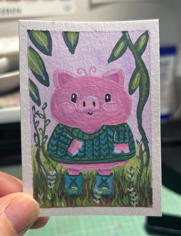 Piggy in boots aceo art card