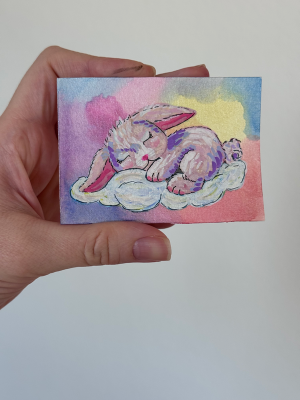 Sleeping Bunny on Cloud Mini Painting Watercolor Acrylic Marker Whimsical Art aceo art card