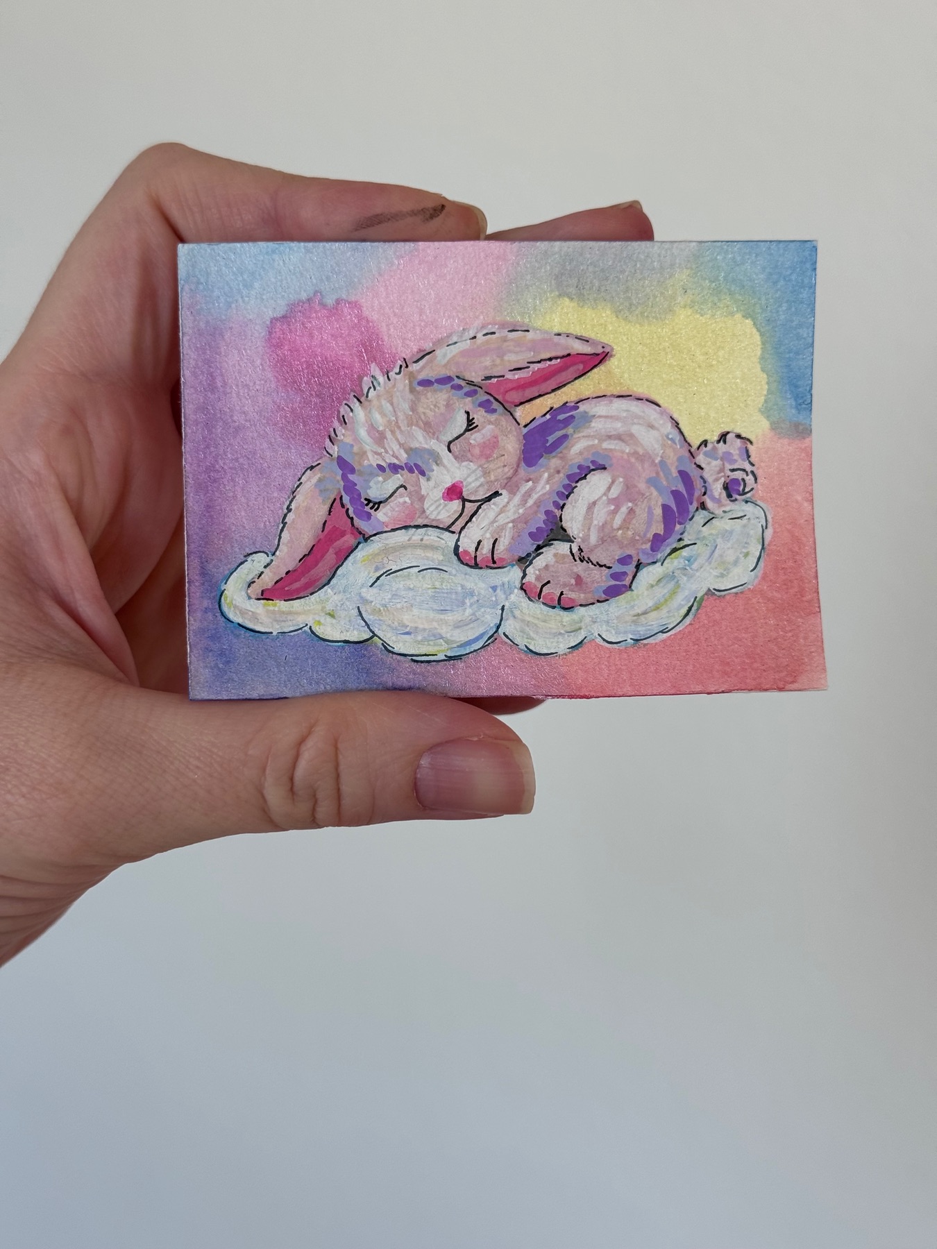 Sleeping Bunny on Cloud Mini Painting Watercolor Acrylic Marker Whimsical Art aceo art card