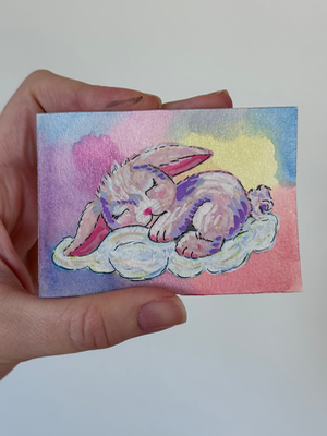 Sleeping Bunny on Cloud Mini Painting Watercolor Acrylic Marker Whimsical Art aceo art card thumbnail 2