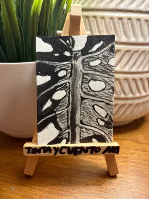 Black and White Monstera Leaf aceo art card thumbnail 1