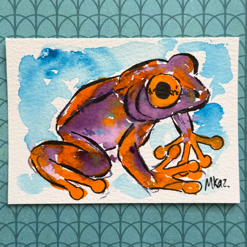 Purple and Orange Frog aceo art card