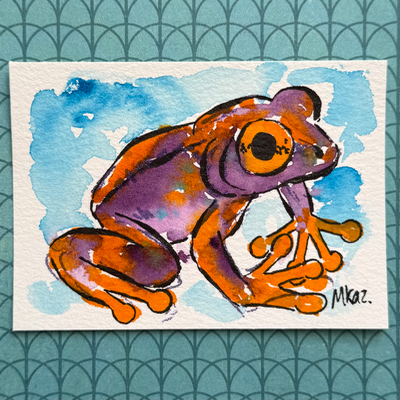 Purple and Orange Frog aceo art card thumbnail 1