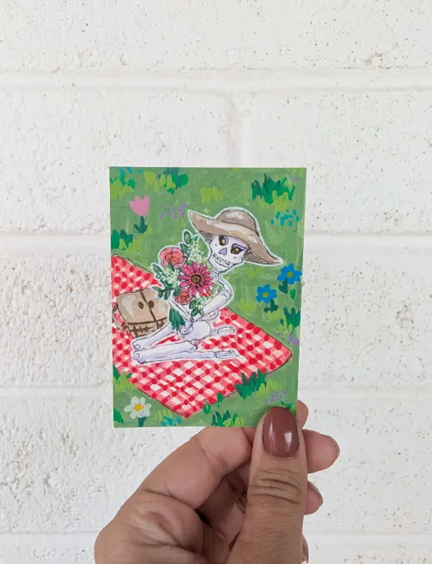 Summerween | Summer Skeleton Picnic - ArtsyConch aceo art card