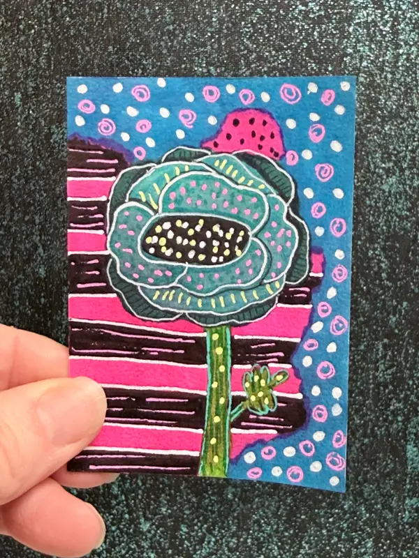 Big Blue Whimsical Flower aceo art card