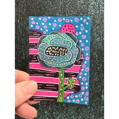 Big Blue Whimsical Flower aceo art card thumbnail 1
