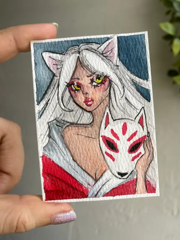 Kitsune Girl Portrait - Anime Girl aceo art card