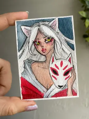 Kitsune Girl Portrait - Anime Girl aceo art card thumbnail 1