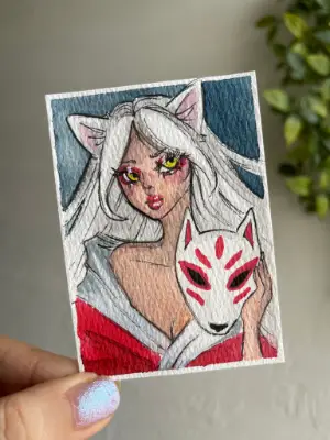 Kitsune Girl Portrait - Anime Girl aceo art card thumbnail 2