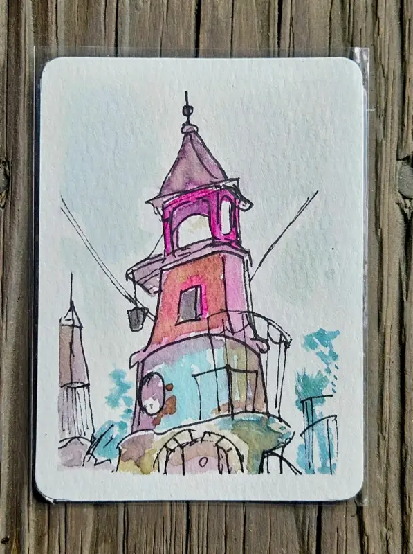 Tilted Tower aceo art card