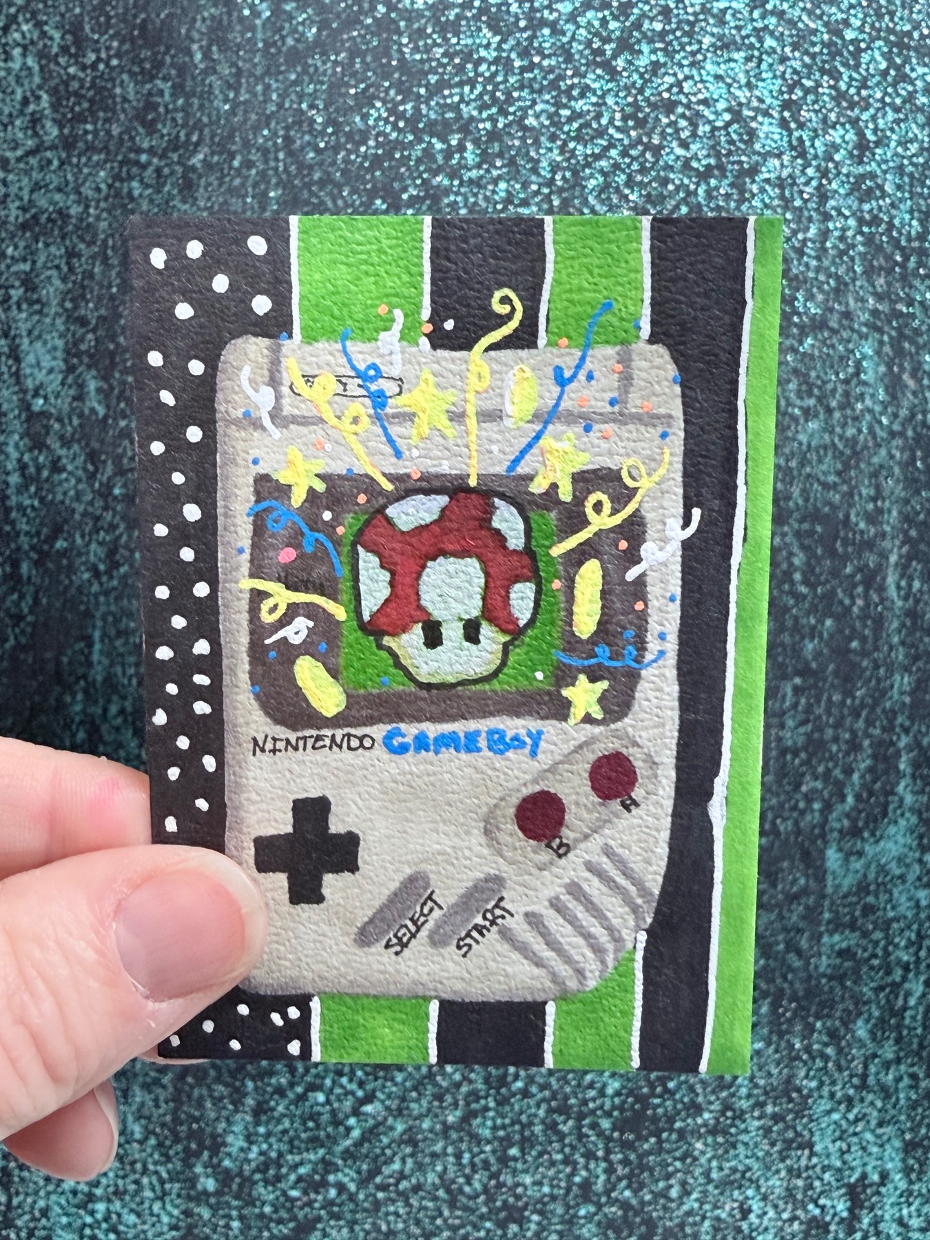 ACEO Original Vintage Nostalgia 90s Game Boy Mushroom Elizabeth Durant Art aceo art card
