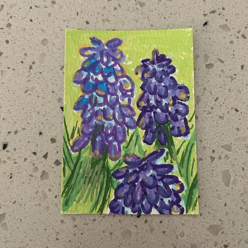 ACEO Original Abstract Flower Grape Hyacinths Set 2.5 x 3.5 Acrylic Marker two of three aceo art card