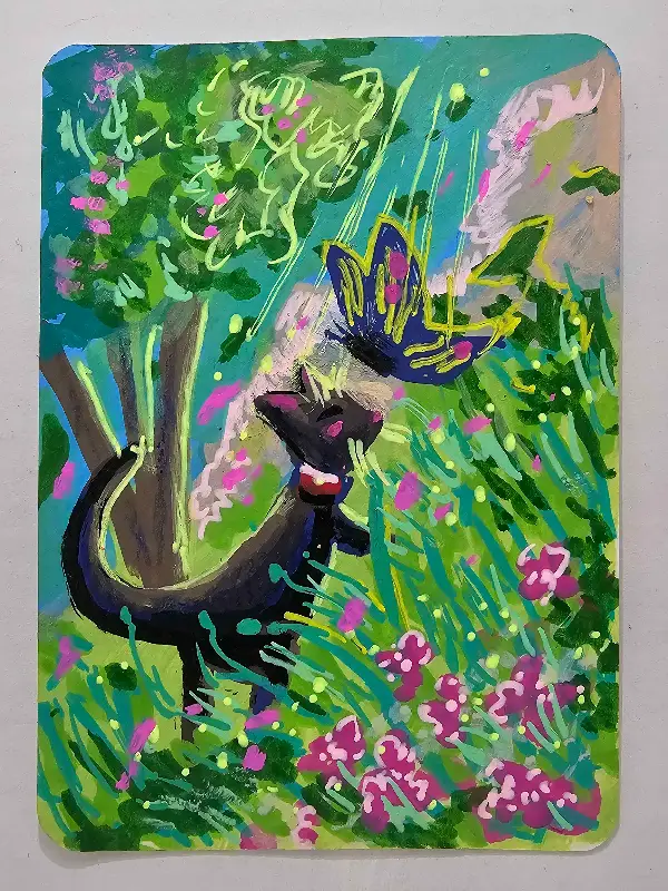 Cat Greets Butterfly aceo art card