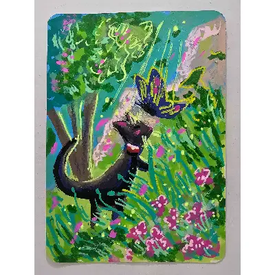 Cat Greets Butterfly aceo art card thumbnail 1