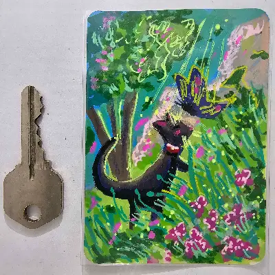 Cat Greets Butterfly aceo art card thumbnail 2