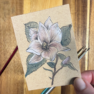 ACEO original, Magnolia, Floral, Louisiana, Watercolor, 3.5x2.5in, Flower,By Lark Watercolor and Art aceo art card thumbnail 3