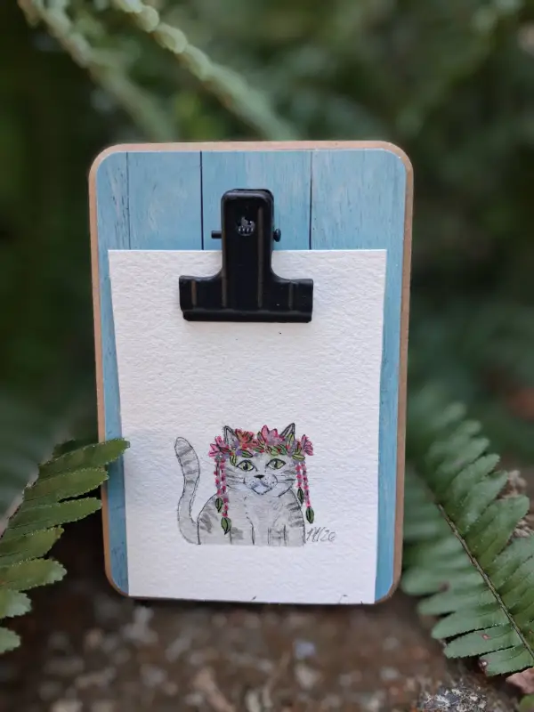 Gray cat w/ flowers aceo art card