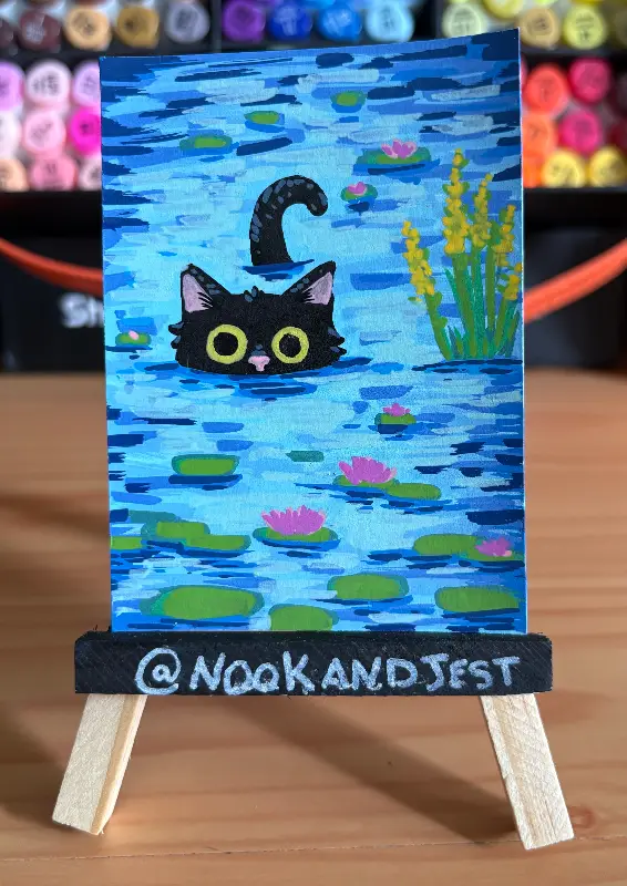 Black cat in a pond of lilies - acrylic marker on bristol paper aceo art card