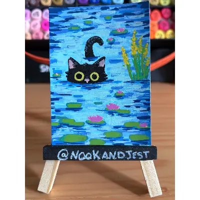 Black cat in a pond of lilies - acrylic marker on bristol paper aceo art card thumbnail 1