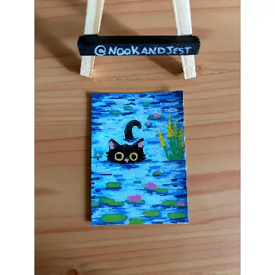 Black cat in a pond of lilies - acrylic marker on bristol paper aceo art card thumbnail 2